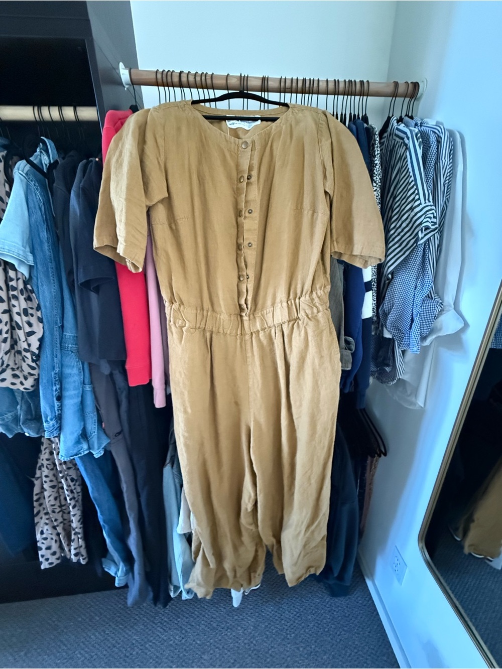 notPERFECTLINEN Mustard Button-Front Short-Sleeve Jumpsuit